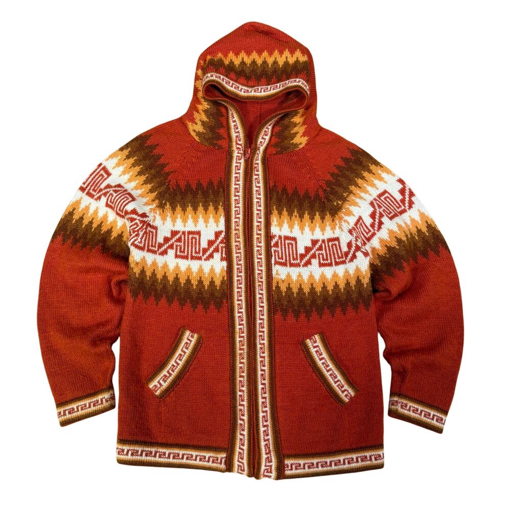 Vintage Andean Style Knit Zip Hoodie Sweater Orange Geometric Pattern Wool Blend